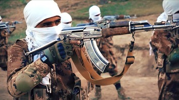 A screenshot from a Taliban video released July 7 shows Taliban fighters during military training in an undisclosed location.