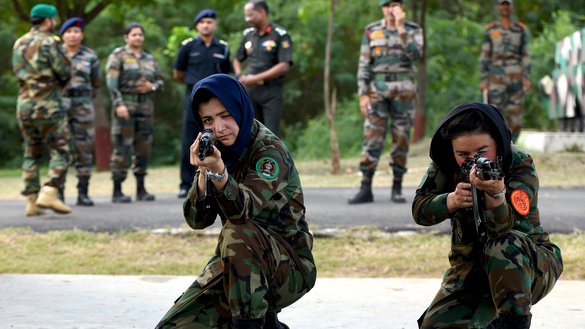 Afghan army cadets aim at targets during a practice session at the Officers Training Academy in Chennai on December 12. [Arun SANKAR / AFP]