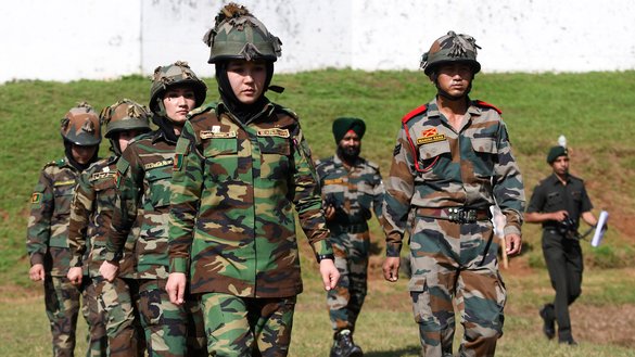 Afghan army cadets take part in a march during a training programme at the Officers Training Academy in Chennai on December 12. [Arun SANKAR / AFP]