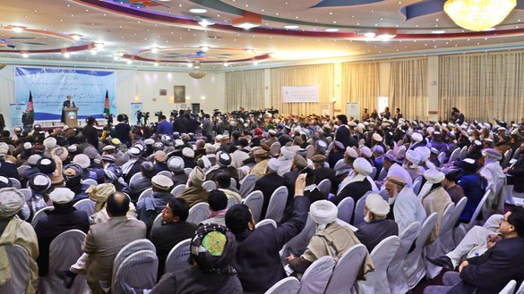 Mohammad Karim Khalili, chairman of Afghanistan's High Peace Council, speaks at a meeting February 20 in Kabul. [Afghanistan High Peace Council]