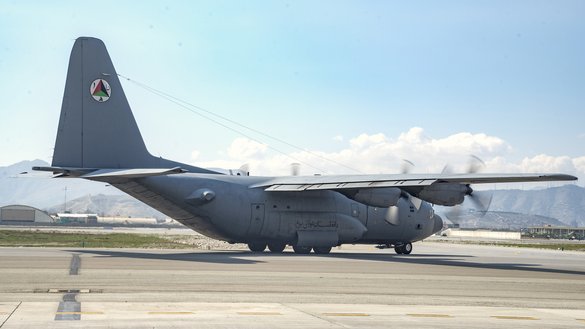 An AAF C-130 taxis to the runway March 3 at Kabul Air Wing. The C-130 can accommodate a wide variety of oversized cargo, including everything from utility helicopters and six-wheeled armoured vehicles to standard palletised cargo and personnel. [Staff Sgt. Jared J. Duhon/US Air Force]