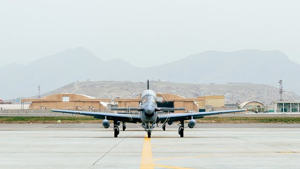 Four A-29 Super Tucanos arrive at Kabul Air Wing March 20, 2017. [Senior Airman Jordan Castelan/US Air Force]