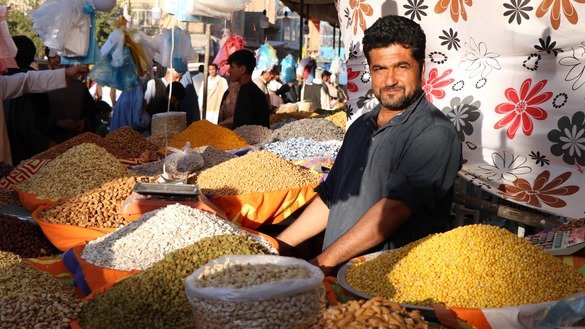 بتاریخ ۲۸ اسد، یک فروشنده میوه های خشک و سبزی‌جات در هرات منتظر آمدن مشتریان در دکه اش است. [نصیر صالحی]