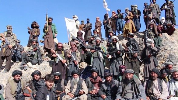 A screenshot from a video shows Taliban fighters commanded by Mullah Manan Niazi in an undisclosed location in Herat Province on November 10. Mullah Niazi dismissed the recent Moscow summit as a 'bogus' attempt at peace.