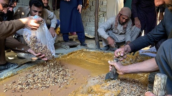 Workers add walnuts to half-baked sugar cane juice before making gora in Kama District, Nangarhar Province, December 26. [Khalid Zerai]