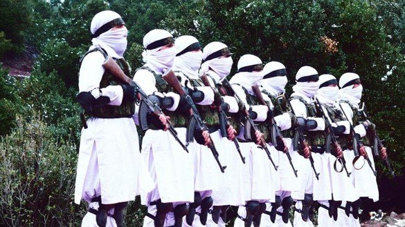 در این تصویر که در ماه ثور منتشر شد، اعضای دستهٔ مجاهدین طالبان نشان داده شده اند. بسیاری از نشانه ها، از جمله دیدار به سطح عالی تازه بین رهبران القاعده و طالبان در هلمند، به ادامه روابط نزدیک بین این دو گروه اشاره دارد. [آرشیف]