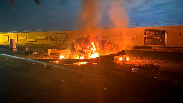 The remains of a vehicle hit by missiles outside the Baghdad airport are shown January 3. Maj. Gen. Qasem Soleimani, commander of the Quds Force of Iran's Islamic Revolutionary Guard Corps (IRGC), was killed by a US drone along with members of an Iran-backed Iraqi militia. [Iraqi prime minister's press office]