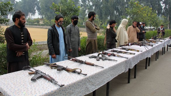 Local authorities in Nangarhar Province present surrendered Taliban militants to the media on January 6 in Jalalabad. [Nangarhar provincial media office/Facebook]