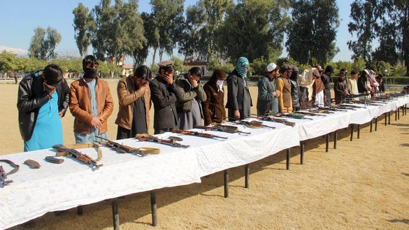 Local authorities in Nangarhar Province present surrendered Taliban militants to the media on February 8 in Jalalabad. [Nangarhar provincial media office]