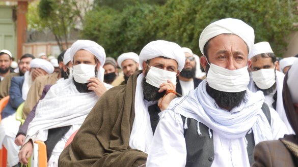 Religious scholars in Herat city on March 16 wear masks to prevent the spread of the coronavirus. Religious scholars and local officials have urged Herat residents to avoid holding large religious ceremonies in order to prevent the spread of the virus. [Omar]