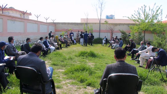 More than 50 residents of Sar-e-Pul Province, including women and religious scholars, gather in Sar-e-Pul city April 9 to urge the Taliban militants to agree to a ceasefire and work with other Afghans to beat the coronavirus pandemic in the country. [Muhammad Younus Naimi] 