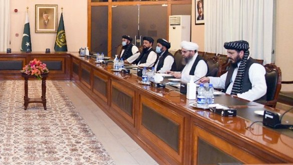 Members of the Taliban delegation meet with Pakistani officials in Islamabad on August 25. [Pakistan Foreign Office]