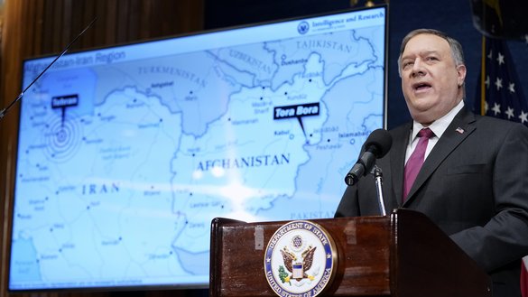 US Secretary of State Mike Pompeo speaks at the National Press Club in Washington on January 12. Iran has become the new 'key geographic hub for al-Qaeda', said Pompeo. [Andrew Harnik/POOL/AFP]