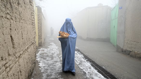یک زن به تاریخ ۲۸ جدی پس از دریافت کردن نان رایگان از یک نانوایی در کابل در امتداد یک جاده به سوی خانه خود می رود. [وکیل کوهسار/ای اف پی]