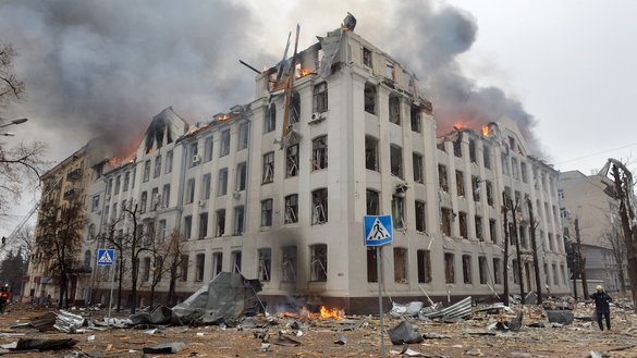 Firefighters March 2 in Kharkiv, Ukraine, work to contain a fire at the Economy Department building of Karazin Kharkiv National University, hit during recent shelling by Russia. [Sergey Bobok/AFP]