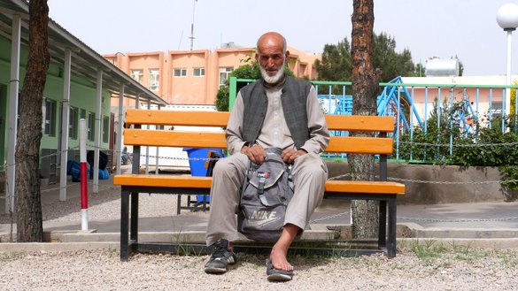 Kalimullah Noori, 74, who sustained injuries in Iran, is pictured at a UN refugee camp in Herat city on April 10. [Omar/Salaam Times]