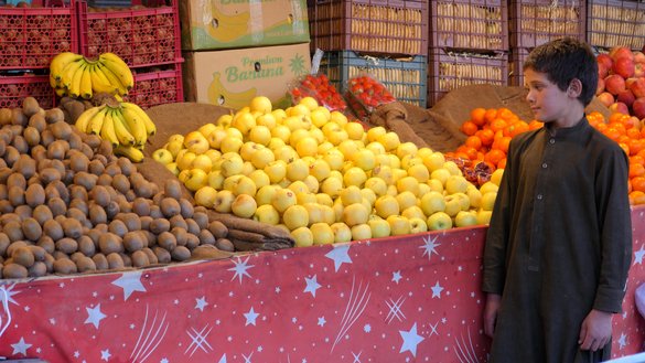 یک پسر خورد سال به تاریخ ۲ ثور در شهر هرات در کنار میوه اش منتظر مشتریان است. [عمر/سلام تایمز]