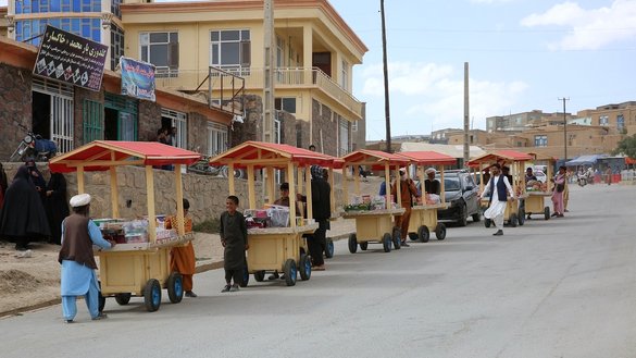 Carts supplied by TYTW, seen August 3 in Firoz Koh, enable Afghan men to earn an income and support their families. [Courtesy of Marouf Sayeedi]