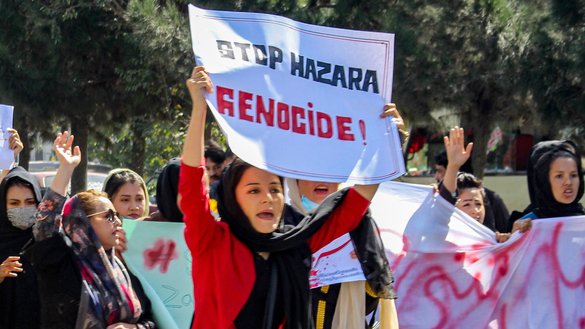 Afghan women October 1 in Kabul display placards and chant slogans during a protest they called 'Stop Hazara genocide' a day after the suicide bombing at a Dasht-e-Barchi learning centre in that city. [AFP]