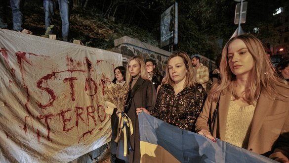 People demonstrate outside the Iranian embassy in Kyiv, Ukraine, on October 17, after the city was hit by swarms of kamikaze drones sold by Iran to Russia, leaving at least three dead. [Sergei Chuzavkov/AFP]