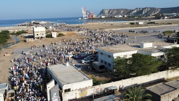 As part of the "Give Gwadar its Rights" campaign, thousands of Gwadar residents staged a protest on November 20, blocking the expressway leading to the Chinese-operated port. [Zarak Khan/Pakistan Forward]