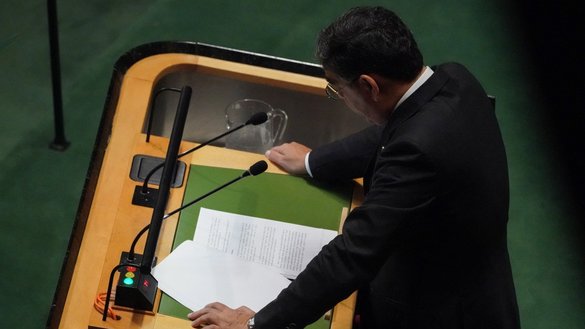 Pakistani caretaker Prime Minister Anwaar-ul-Haq Kakar addresses the 78th UN General Assembly in New York on September 22. [Bryan R. Smith/AFP]