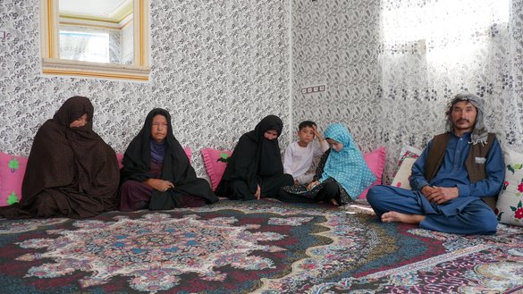 Zainab Hosseini (3rd from left) is shown with relatives July 30. Her husband was killed in the ISIS-K attack on May 28 in Guzara district, Herat province. [Omar/Salaam Times]