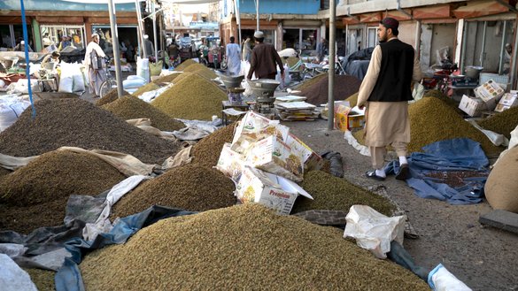 افغان ها در بازار عمده فروشی کشمش در ولایت غزنی بتاریخ ۲۸ نومبر ۲۰۲۲ رفت و آمد می کنند. [وکیل کوهسار/ خبرگزاری فرانسه]